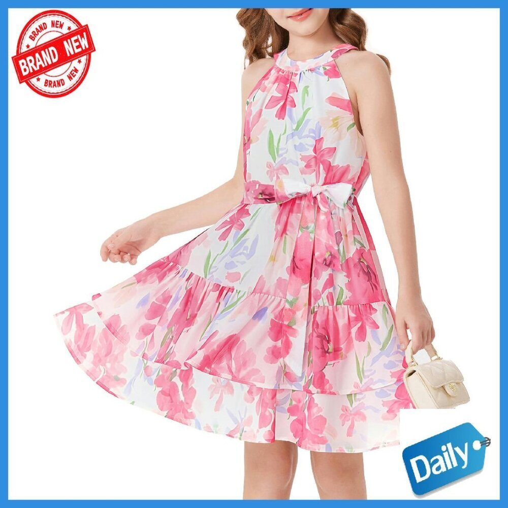 Girls Floral Halter Sundress Size 7-14Y Chiffon Tiered Ruffle Beach Dress